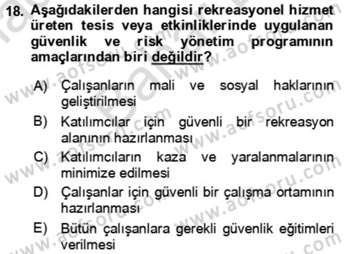 Rekreasyon Yönetimi Dersi 2021 - 2022 Yılı (Final) Dönem Sonu Sınav Soruları 18. Soru