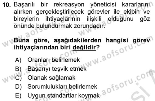Rekreasyon Yönetimi Dersi 2022 - 2023 Yılı Yaz Okulu Sınav Soruları 10. Soru