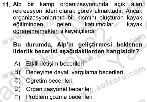 Rekreasyon Yönetimi Dersi 2022 - 2023 Yılı Yaz Okulu Sınav Soruları 11. Soru
