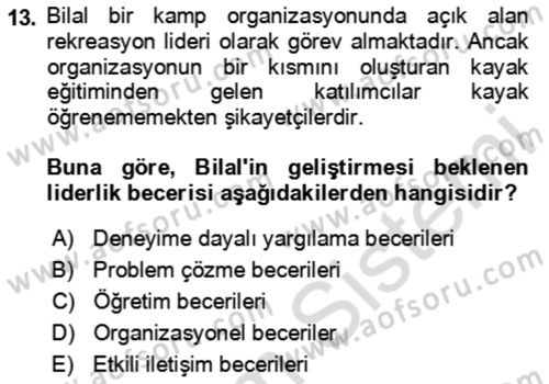 Rekreasyon Yönetimi Dersi 2023 - 2024 Yılı Yaz Okulu Sınav Soruları 13. Soru