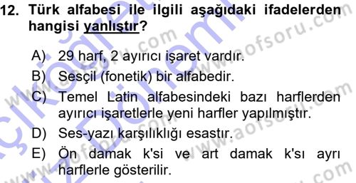 Türk Dili 1 Dersi 2015 - 2016 Yılı (Vize) Ara Sınav Soruları 12. Soru