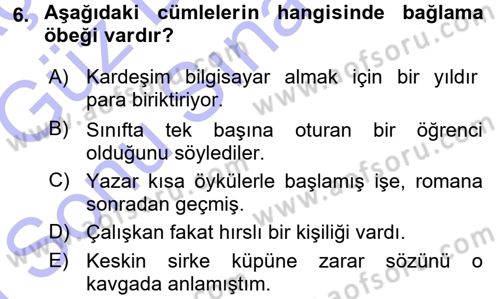 Türk Dili 1 Dersi 2015 - 2016 Yılı (Final) Dönem Sonu Sınav Soruları 6. Soru
