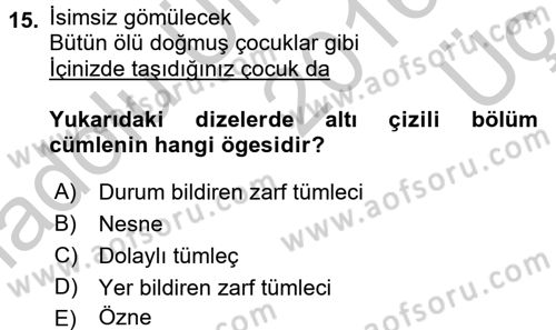 Türk Dili 1 Dersi 2016 - 2017 Yılı 3 Ders Sınav Soruları 15. Soru