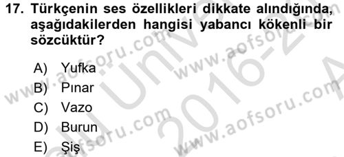 Türk Dili 1 Dersi 2016 - 2017 Yılı (Vize) Ara Sınav Soruları 17. Soru