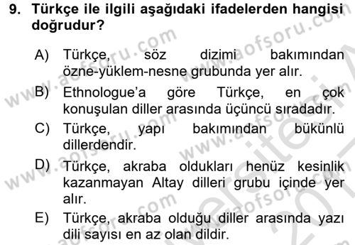 Türk Dili 1 Dersi 2016 - 2017 Yılı (Vize) Ara Sınav Soruları 9. Soru