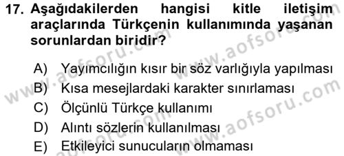 Türk Dili 1 Dersi 2016 - 2017 Yılı (Final) Dönem Sonu Sınav Soruları 17. Soru