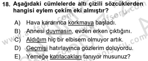 Türk Dili 1 Dersi 2017 - 2018 Yılı (Vize) Ara Sınav Soruları 18. Soru