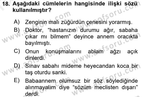 Türk Dili 1 Dersi 2017 - 2018 Yılı (Final) Dönem Sonu Sınav Soruları 18. Soru