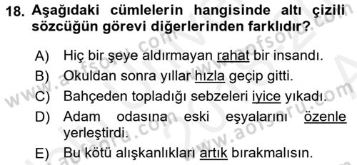 Türk Dili 1 Dersi 2018 - 2019 Yılı (Vize) Ara Sınav Soruları 18. Soru