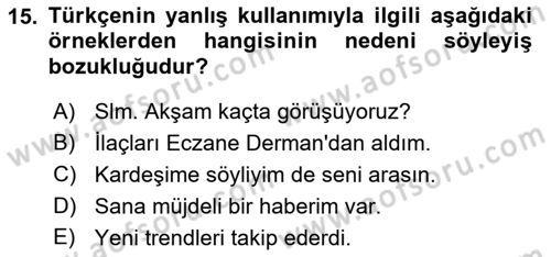 Türk Dili 1 Dersi 2018 - 2019 Yılı (Final) Dönem Sonu Sınav Soruları 15. Soru