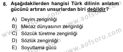 Türk Dili 1 Dersi 2018 - 2019 Yılı (Final) Dönem Sonu Sınav Soruları 8. Soru
