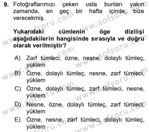 Türk Dili 1 Dersi 2018 - 2019 Yılı (Final) Dönem Sonu Sınav Soruları 9. Soru