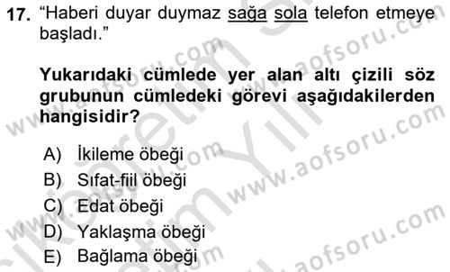 Türk Dili 1 Dersi 2020 - 2021 Yılı Yaz Okulu Sınav Soruları 17. Soru