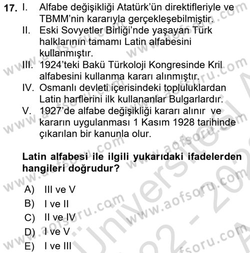 Türk Dili 1 Dersi 2022 - 2023 Yılı (Vize) Ara Sınav Soruları 17. Soru