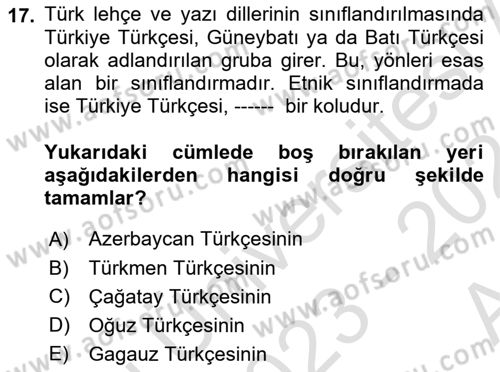 Türk Dili 1 Dersi 2023 - 2024 Yılı (Vize) Ara Sınav Soruları 17. Soru