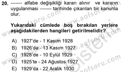Türk Dili 1 Dersi 2023 - 2024 Yılı (Vize) Ara Sınav Soruları 20. Soru