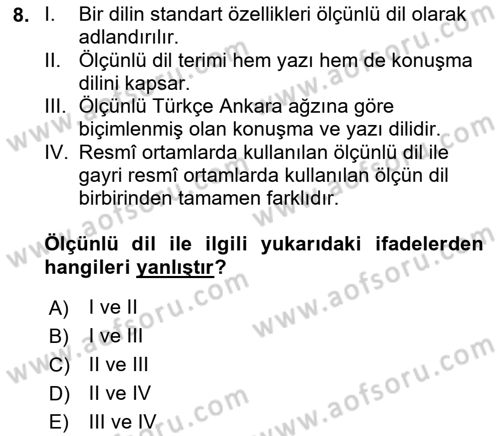 Türk Dili 1 Dersi 2023 - 2024 Yılı (Vize) Ara Sınav Soruları 8. Soru