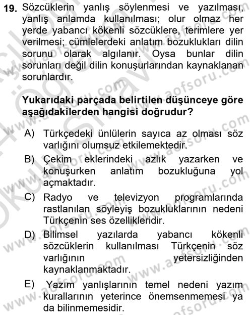 Türk Dili 1 Dersi 2023 - 2024 Yılı Yaz Okulu Sınav Soruları 19. Soru