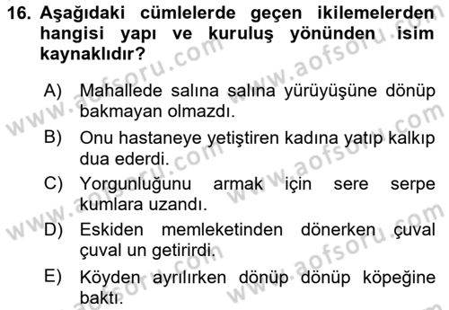 Türk Dili 1 Dersi 2024 - 2025 Yılı Yaz Okulu Sınav Soruları 16. Soru