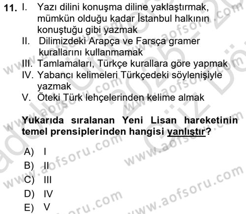 Türk Dili 1 Dersi 2025 - 2026 Yılı (Vize) Ara Sınav Soruları 11. Soru