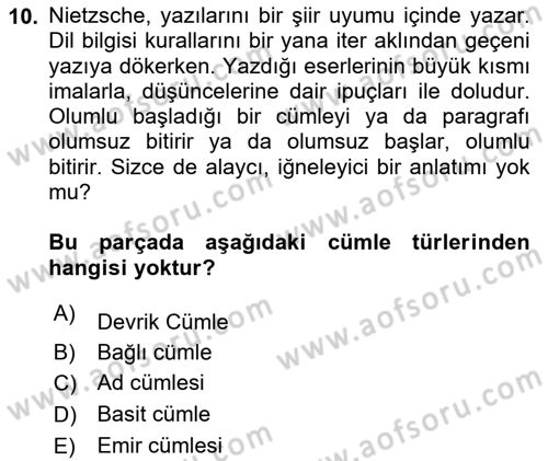 Türk Dili 1 Dersi 2025 - 2026 Yılı (Final) Dönem Sonu Sınav Soruları 10. Soru