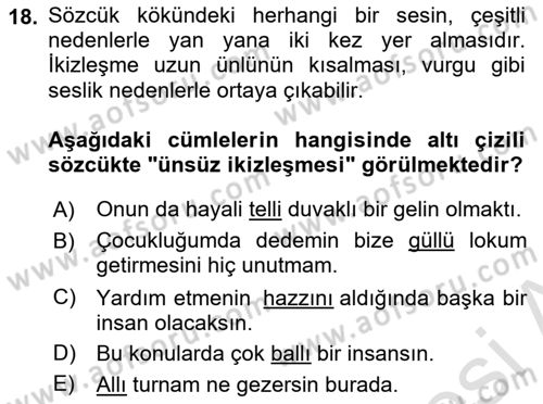 Türk Dili 1 Dersi 2025 - 2026 Yılı (Final) Dönem Sonu Sınav Soruları 18. Soru