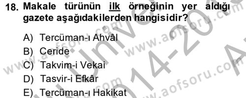 Türk Dili 2 Dersi 2014 - 2015 Yılı (Vize) Ara Sınav Soruları 18. Soru