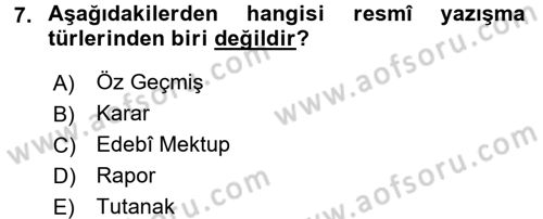 Türk Dili 2 Dersi 2015 - 2016 Yılı (Final) Dönem Sonu Sınavı 7. Soru