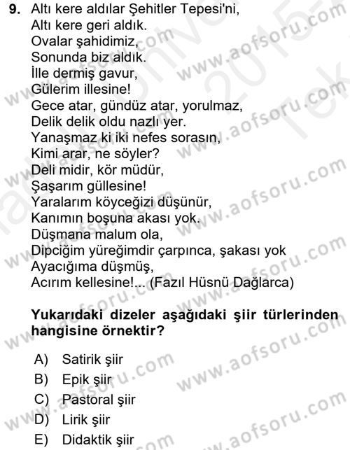 Türk Dili 2 Dersi 2015 - 2016 Yılı Tek Ders Sınavı 9. Soru