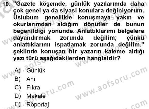 Türk Dili 2 Dersi 2016 - 2017 Yılı (Vize) Ara Sınav Soruları 10. Soru