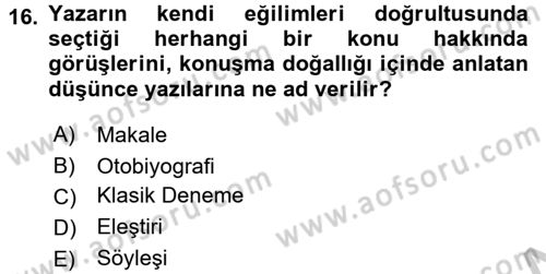 Türk Dili 2 Dersi 2016 - 2017 Yılı (Vize) Ara Sınav Soruları 16. Soru