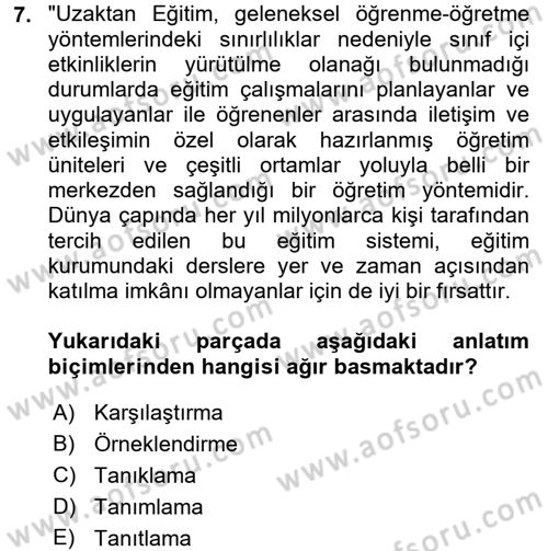 Türk Dili 2 Dersi 2016 - 2017 Yılı (Vize) Ara Sınav Soruları 7. Soru