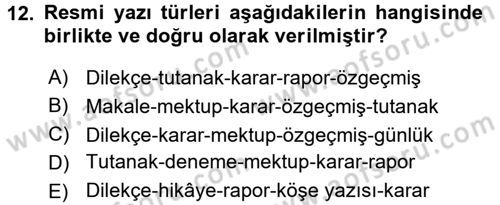 Türk Dili 2 Dersi 2018 - 2019 Yılı 3 Ders Sınavı 12. Soru
