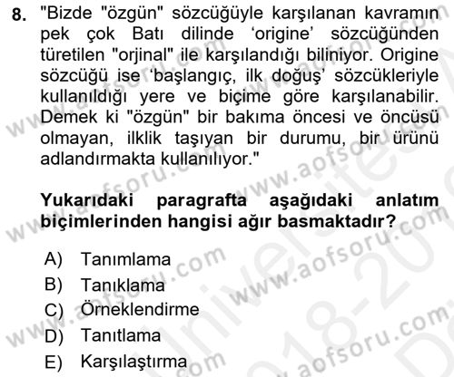 Türk Dili 2 Dersi 2018 - 2019 Yılı (Vize) Ara Sınav Soruları 8. Soru