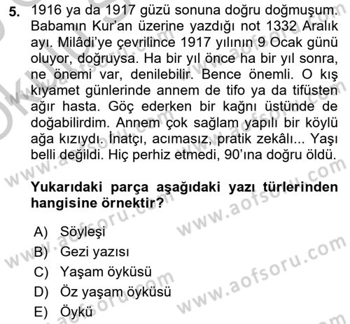 Türk Dili 2 Dersi 2018 - 2019 Yılı Yaz Okulu Sınav Soruları 5. Soru