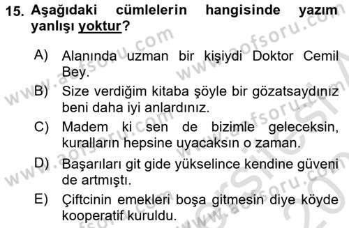 Türk Dili 2 Dersi 2024 - 2025 Yılı (Vize) Ara Sınav Soruları 15. Soru