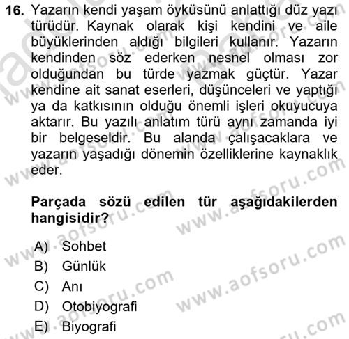 Türk Dili 2 Dersi 2024 - 2025 Yılı (Vize) Ara Sınav Soruları 16. Soru