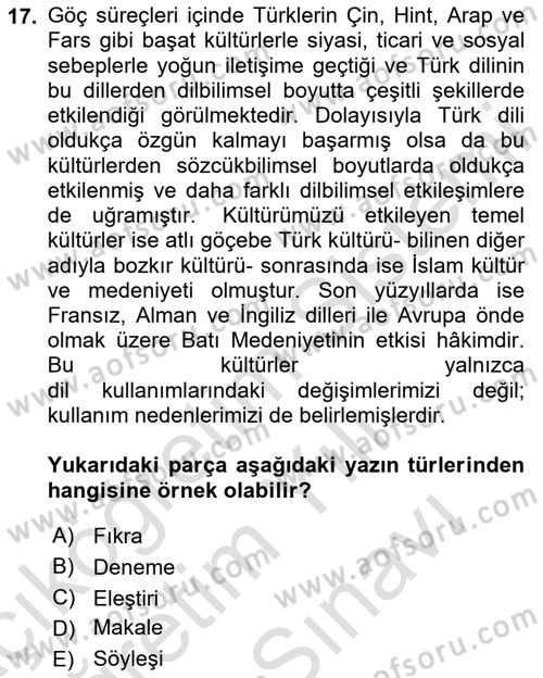 Türk Dili 2 Dersi 2024 - 2025 Yılı (Vize) Ara Sınav Soruları 17. Soru
