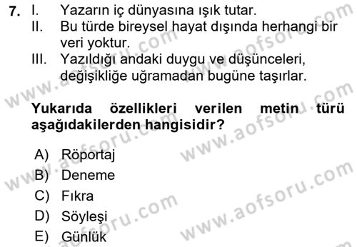 Türk Dili 2 Dersi 2024 - 2025 Yılı (Vize) Ara Sınav Soruları 7. Soru