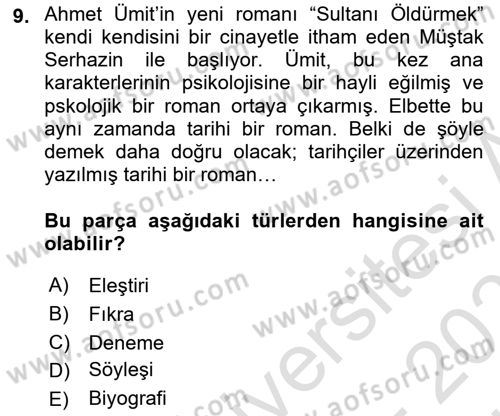 Türk Dili 2 Dersi 2024 - 2025 Yılı (Vize) Ara Sınav Soruları 9. Soru