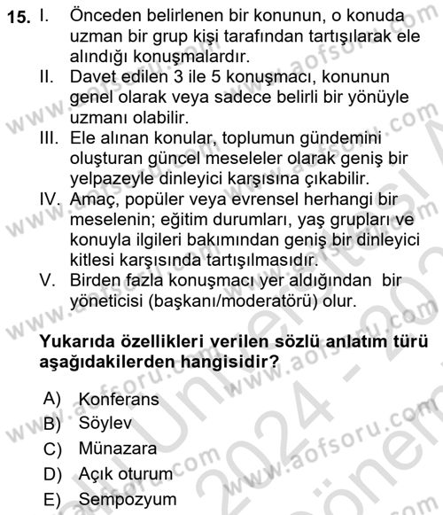Türk Dili 2 Dersi 2024 - 2025 Yılı (Final) Dönem Sonu Sınav Soruları 15. Soru