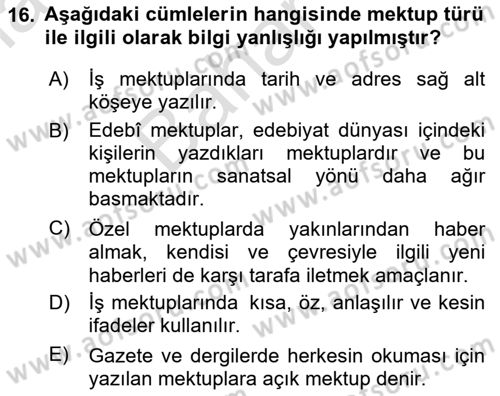 Türk Dili 2 Dersi 2024 - 2025 Yılı (Final) Dönem Sonu Sınav Soruları 16. Soru
