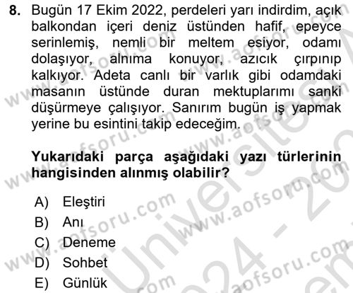 Türk Dili 2 Dersi 2024 - 2025 Yılı (Final) Dönem Sonu Sınav Soruları 8. Soru