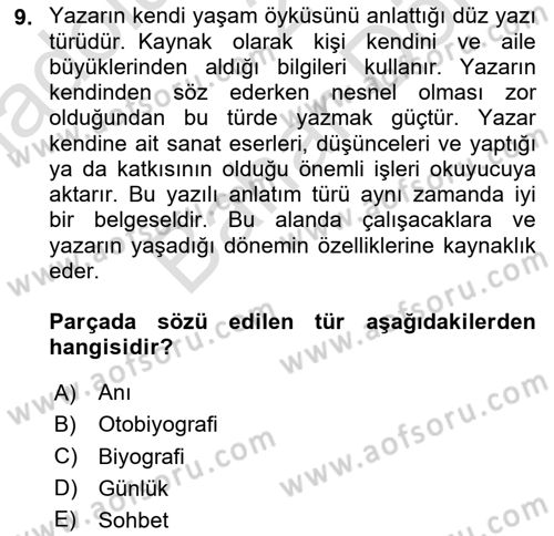 Türk Dili 2 Dersi 2024 - 2025 Yılı (Final) Dönem Sonu Sınav Soruları 9. Soru