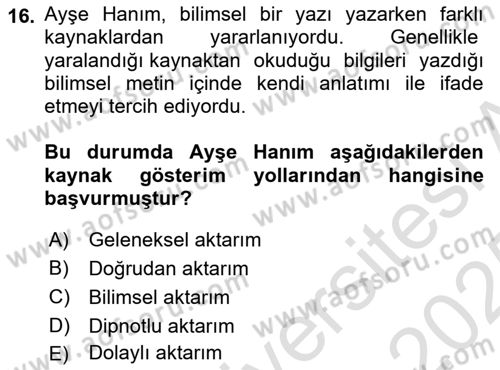 Türk Dili 2 Dersi 2024 - 2025 Yılı Yaz Okulu Sınav Soruları 16. Soru