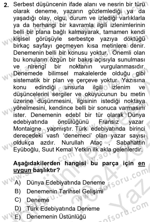Türk Dili 2 Dersi 2024 - 2025 Yılı Yaz Okulu Sınav Soruları 2. Soru