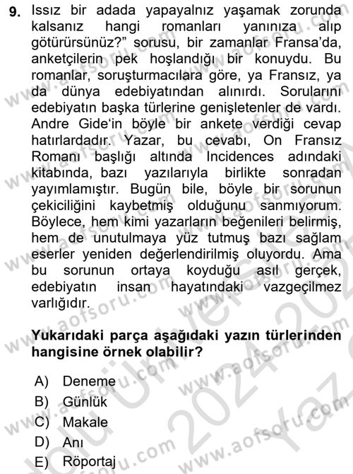 Türk Dili 2 Dersi 2024 - 2025 Yılı Yaz Okulu Sınav Soruları 9. Soru