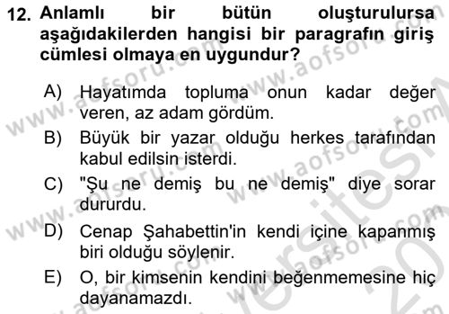 Türk Dili 2 Dersi 2025 - 2026 Yılı (Vize) Ara Sınav Soruları 12. Soru