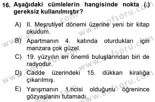 Türk Dili 2 Dersi 2025 - 2026 Yılı (Vize) Ara Sınav Soruları 16. Soru