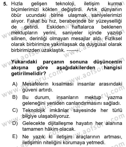 Türk Dili 2 Dersi 2025 - 2026 Yılı (Vize) Ara Sınav Soruları 5. Soru